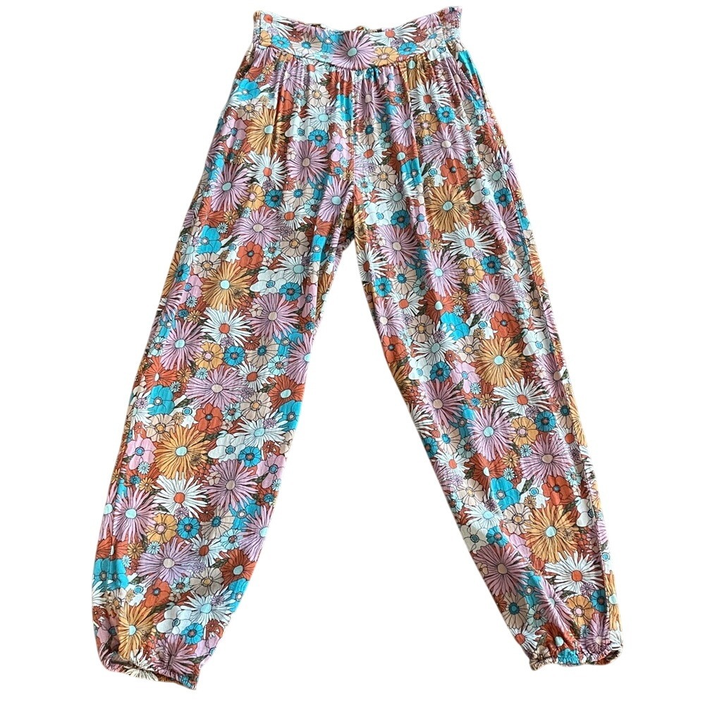 SO Floral Track Pants joggers in Turquoise, Pink, Brown. Rayon